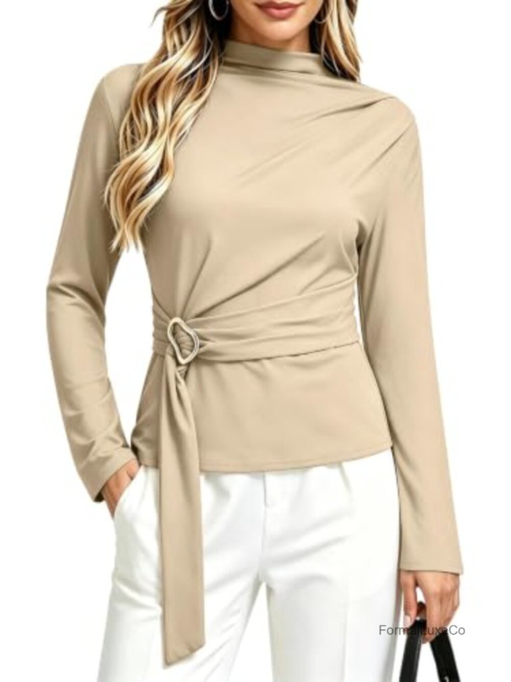Women's Mock Neck Belted Wrap Blouse Long Sleeve Cinched Waist Work Top